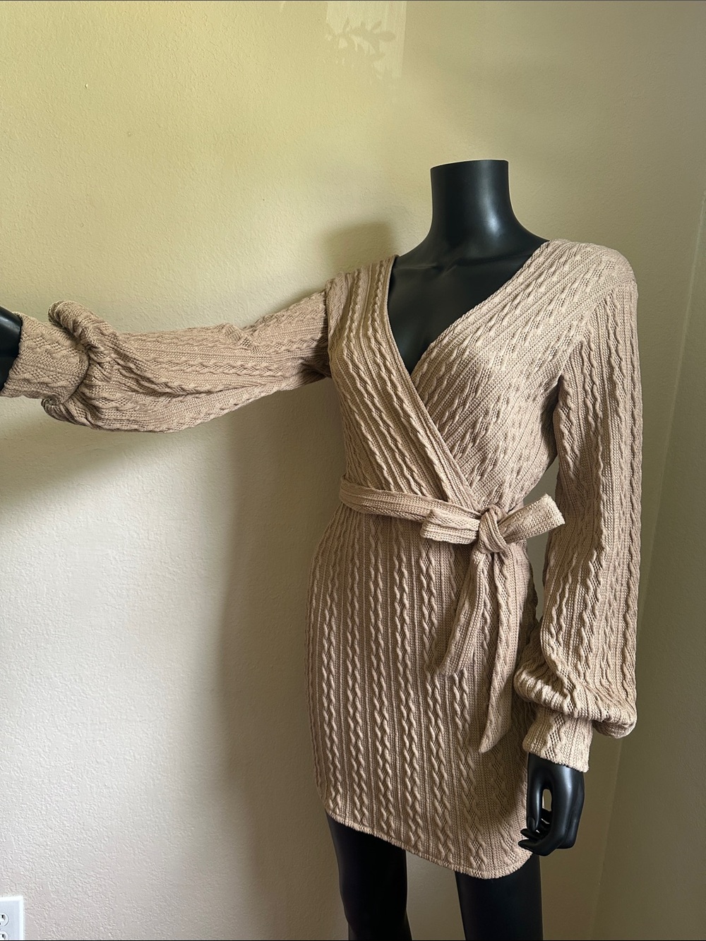 Windsor Cable-Knit Wrap Dress in Taupe - Picture 4 of 13